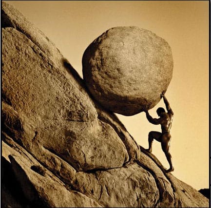 A man pushes a large boulder up a hill against a sunny sky.