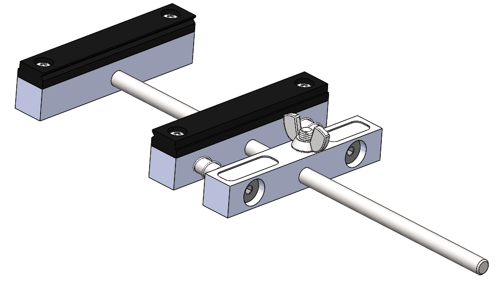 Two identical rectangular blocks with a long connecting rod and small holes on their sides.