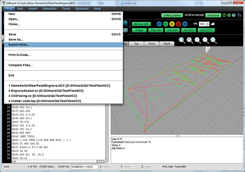 G-Code editor within GWizard software, featuring export hints menu on gray background.