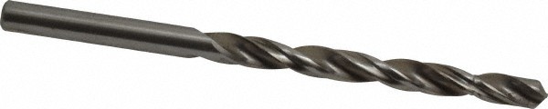 Black twisted metal drill bit with tapered end.