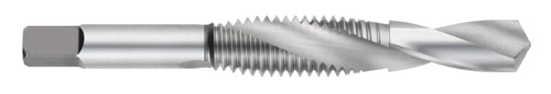 Silver drill tap with pointed tip and ridged edges.