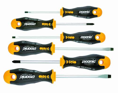 Five Felo Ergonic screwdrivers with black and yellow design and brand name "Felo" on the handles.