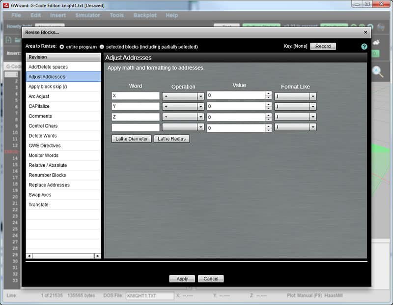 G-Code Editor in G-Wizard Software displaying pop-up window for adjusting address formats.