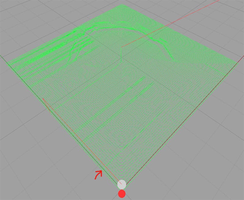 Green square with red lines and grid pattern on gray background.