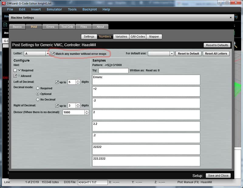 G-Code programming settings on Haas milling centers computer screen.