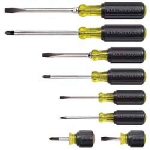 Klein screwdrivers with cushion grip handles in various sizes.