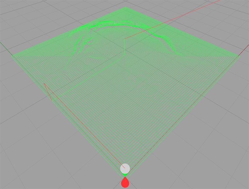 Green mesh with red lines and white circle on gray background.