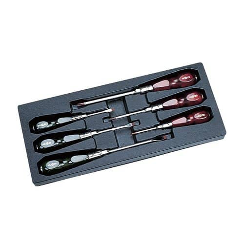 Black plastic case containing screwdrivers with red handles on a white background.