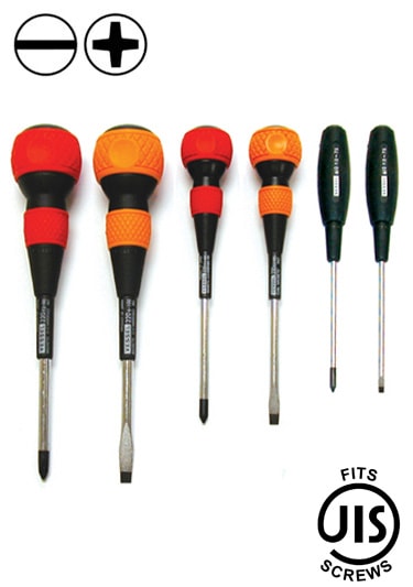 Collection of screwdrivers with ball grips in various sizes and colors.