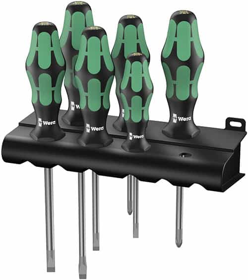 Wera screwdrivers in green handles and silver tips with black storage case.