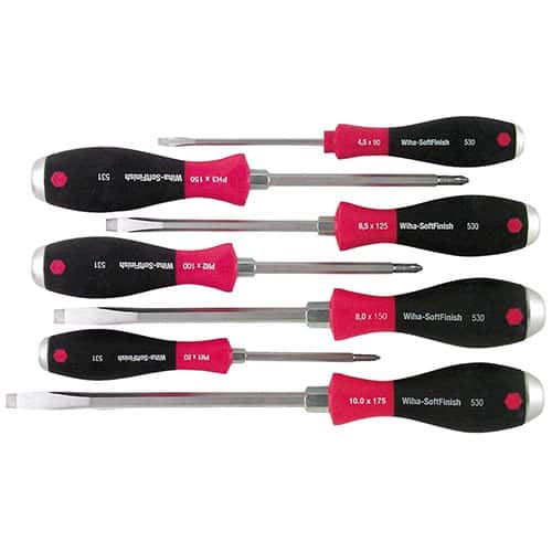 Wiha SoftFinish screwdrivers with black handles and pink grips, various sizes including 4.8x100mm, 6.5x125mm, and 8.0x150mm.