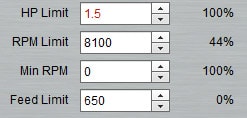 Gray control panel with black text, input boxes for HP Limit, RPM Limit, Min RPM, and Feed Limit.