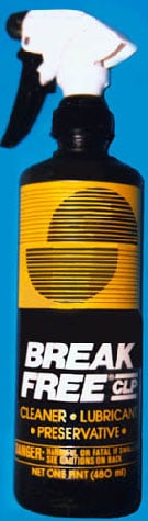 Blue background with Break Free CLP cleaner lubricant preservative spray bottle.
