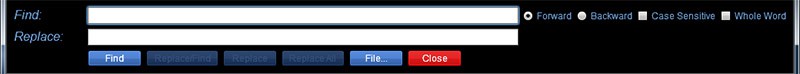 A website search bar with "Find", "Replace", "File", and "Close" options on a white background with blue and red buttons.