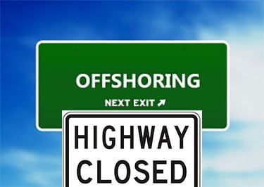 A green 'Offshoring' sign overlaid on a closed highway