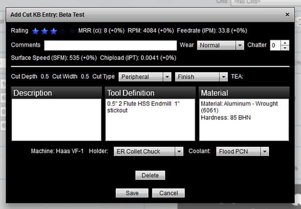 Machining program setup dialog with cutting parameters fields.