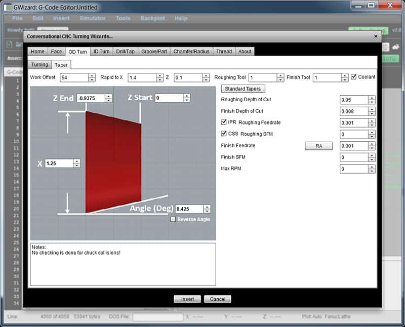 Conversational CNC OD Taper Wizard software tool on computer screen for machining metal parts.