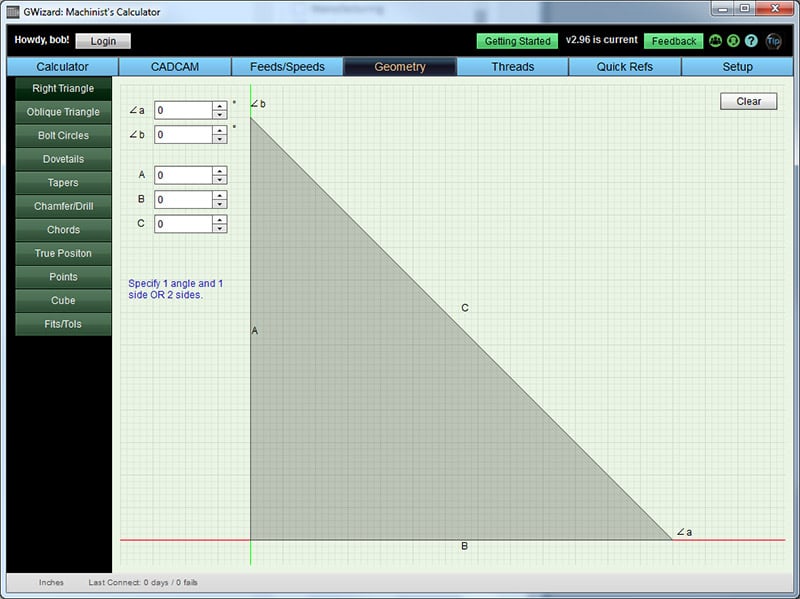 GWizard: Machinist's Calculator homepage on CNCCookbook.com, featuring grey triangle calculator with tabs and login status.