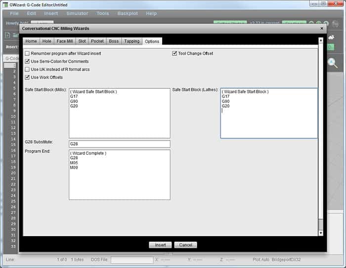Conversational CNC Options window screenshot with settings for tool change offset, work offset, and program end mode.