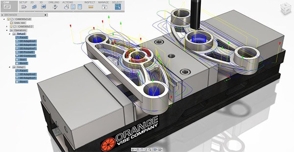 A CAD model of an industrial part in various stages of development on a computer screen displaying Fusion 360 interface.
