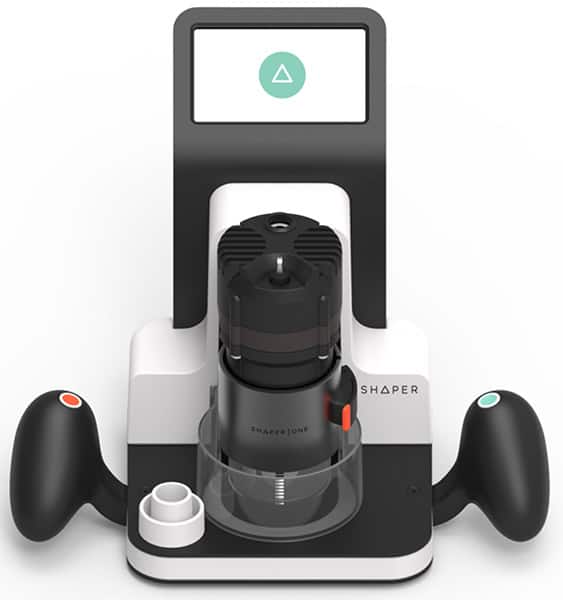 Black and white CNC machining equipment with screen, handles, and control buttons.