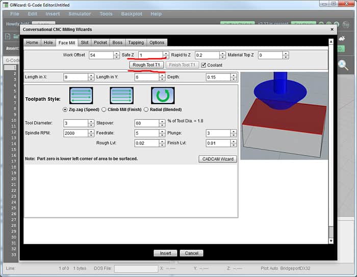 G-Code Editor for milling wizards, showing toolpath options and settings.
