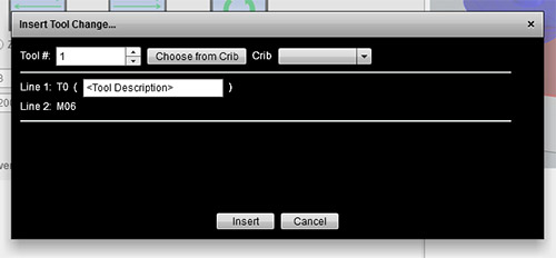 Black background with white text and buttons on a popup window showing a form to select a tool by number and description.