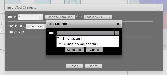 Screenshot of computer tool selector menu with "Choose from Crib" and "Indexable Crimp" sections.