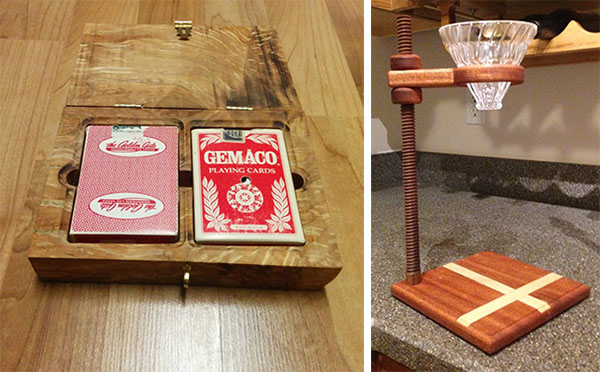 Wooden box with hidden compartment and Gemaco playing cards.