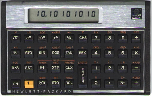A Hewlett-Packard HP-10C scientific calculator with a black body and orange accents, featuring a rectangular gray screen displaying 10.10 10.10 in large font.