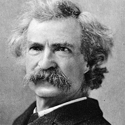 Mark Twain, an American author, from the shoulders up, in a black-and-white photograph with a grainy appearance.