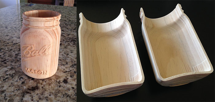 A wooden mason jar with the Ball logo on its side.