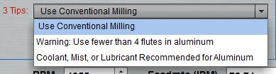 Light gray background, dropdown menu with prominent warning: "Use fewer than 4 flutes in aluminum".