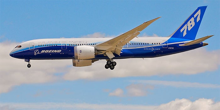 Boeing 787 Dreamliner aircraft in flight, ascending into a blue sky with white clouds.