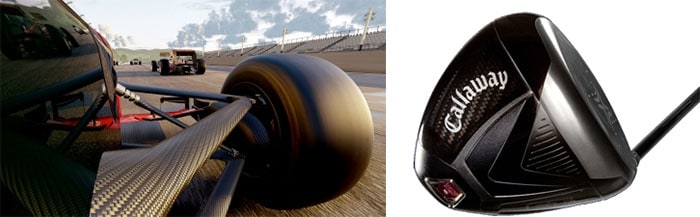 A close-up of a Callaway golf club head with red metal frame in background.