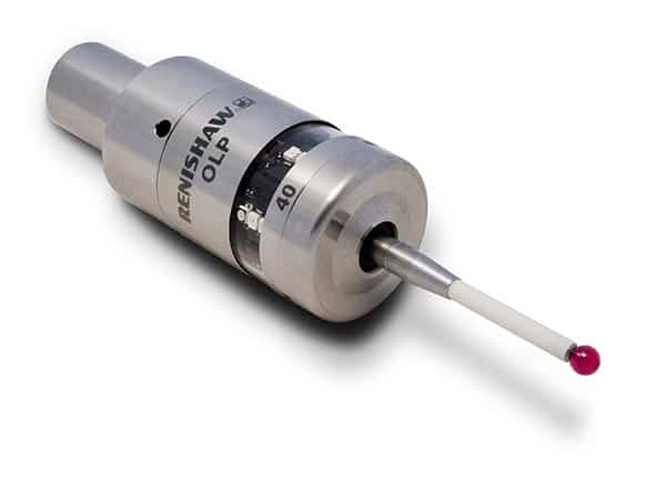 A silver cylindrical device with a long thin rod and a red ball, featuring black text "RENISHAW OLP 40".