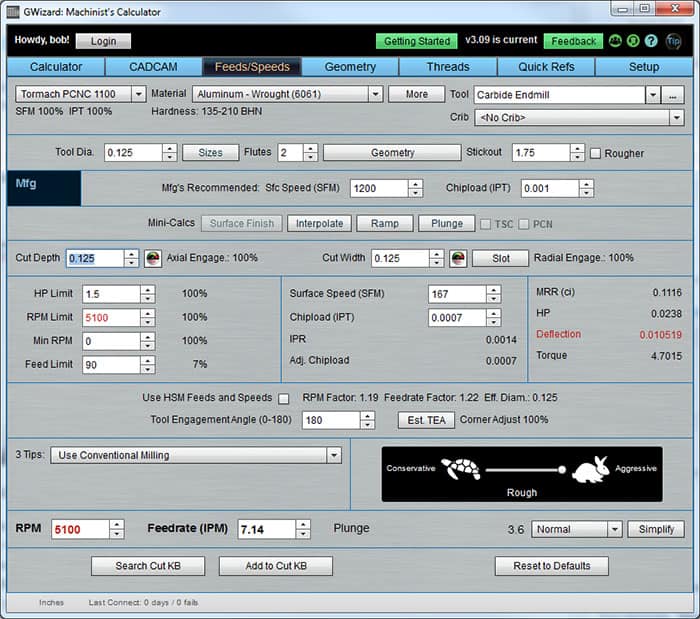 Machinist's Calculator webpage from CNCCookbook.com with feed rate, cutting speed, and deflection calculators.