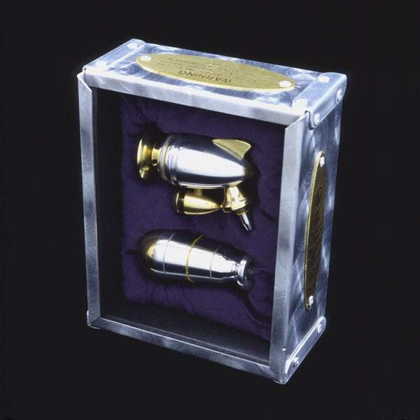Clear plastic box containing two metallic objects resembling bullets or capsules with gold accents and a gold oval label reading "WARNING".