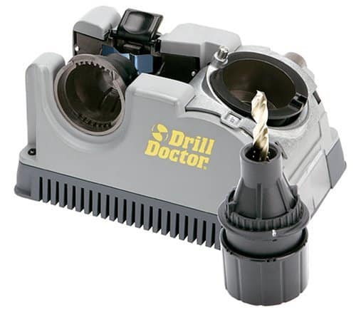 A product image of the Drill Doctor tool with two drill bits and prominent yellow text.