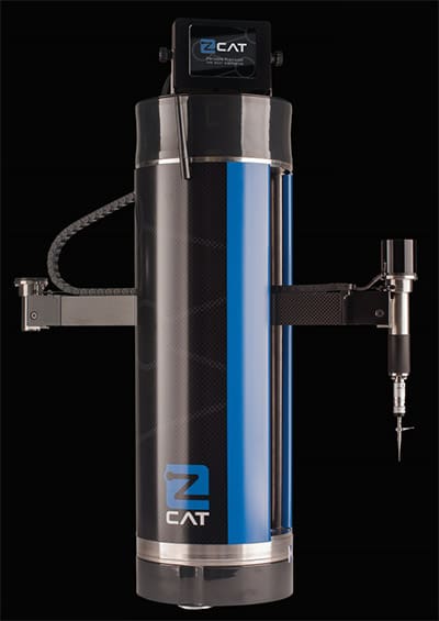 A cylindrical device with a black top and blue ZCAT logo.