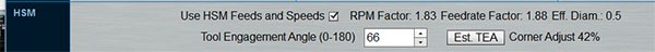High-Speed Milling (HSM) feeds and speeds calculator interface screenshot.