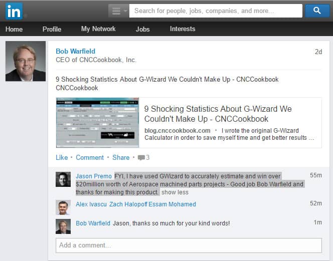 LinkedIn profile page for Bob Warfield, CEO of CNCCookbook.com