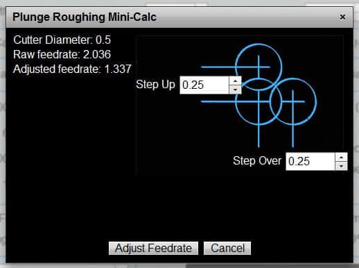 Computer-aided design (CAD) interface for plunge roughing operation with gray background, white text, and blue graphics.