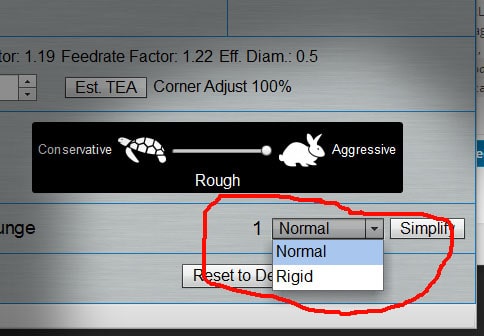 A website interface with dropdown menu options for Rough and Aggressive machining modes.