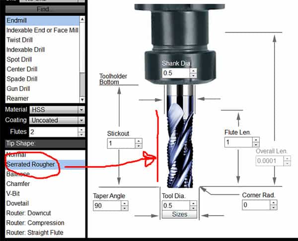 Serrated rougher end mill with dimensions and features.