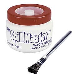 Cylindrical container with red lid labeled as Spill Master, featuring Waco Products logo.