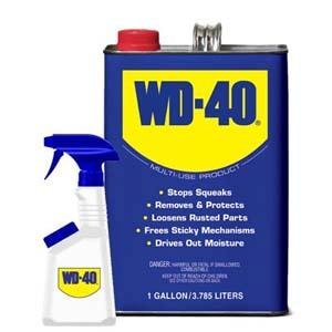 A can of WD-40, a multi-use product for loosening stuck parts.