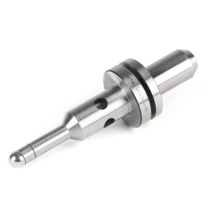 Silver metal tool with cylindrical body and tapered end, two circular holes, on a white background.