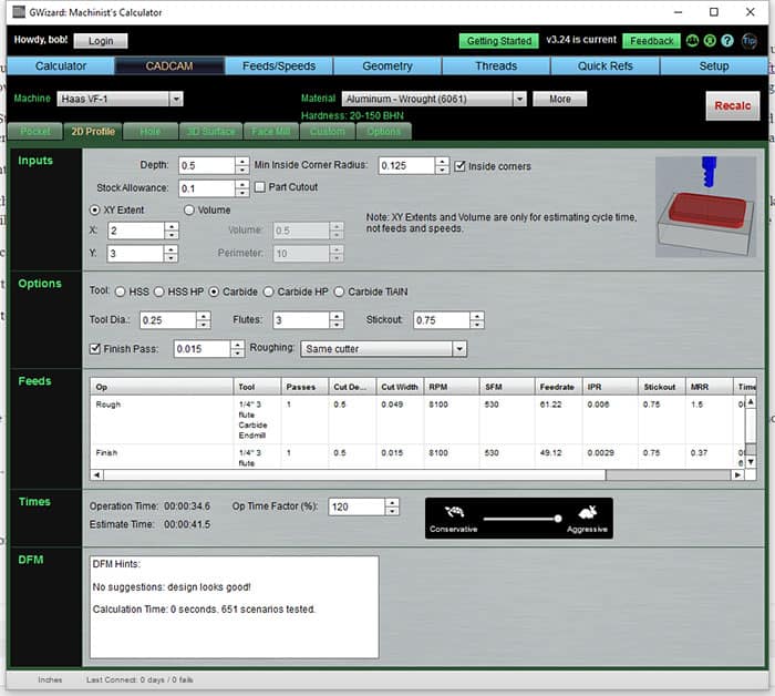 Online calculator for 2D profile cut on milling machine with input fields and output displays.
