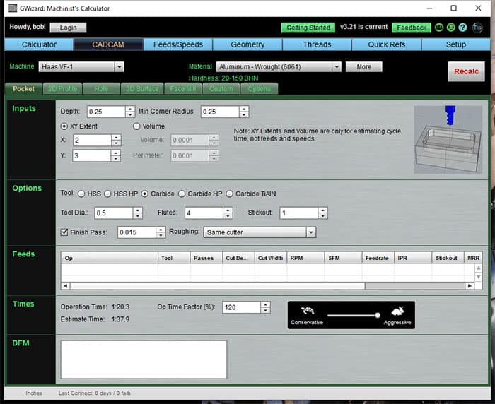 Machinist's calculator screenshot with input fields for depth, tool type, diameter, and more.